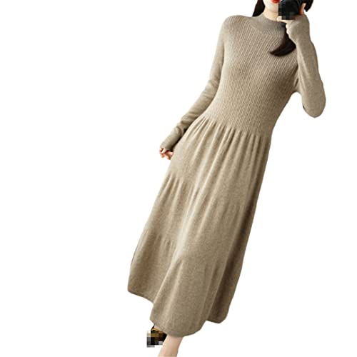 Ownwfeat Robe pull en cachemire et laine pour femme à manches longues - Encolure demi-bénitier - Longue robe tricotée douce