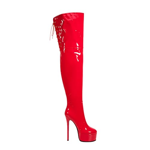 Image of Shiny leather Thigh high boots for Women Stiletto heel Platform Over the knee Round toe back zipper Sexy Front Strappy high heel Cosplay Custume unisex boots