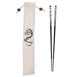 LOGOFUN Dragon Chopsticks Chinese Style Stainless Steel Anti-Skid Chopstick with Dragon Pattern Drawstring Pocket for Home Supplies - Black 24CM