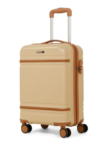 Image of Teakwood Cabin Size 8 Wheels Trolley Bag, Hard Cabin with Zipper Closure, Adjustable Push Button & Cross Side Strap, Number Lock System 360 Degree (Small, Beige)