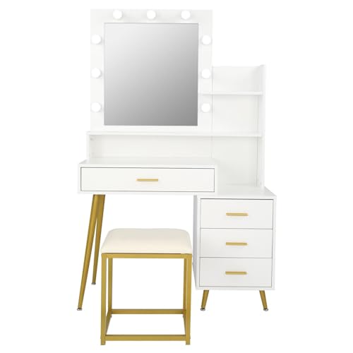 FRITHJILL Modern White Vanity Set with 9 LED Illuminated Mirror, Open Shelves, and Drawers - Golden Metal Frame, Makeup Table with Stool