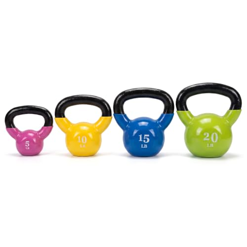 Fitvids Vinyl-Coated Kettlebell Set, 5/10/15/20 Pound Options, Multicolor