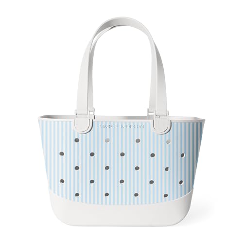 Simple Modern Large Beach Bag | Waterproof Getaway Rubber Tote with Zipper Pocket for Travel Pool Boat Groceries Sports | Seaside Stripes