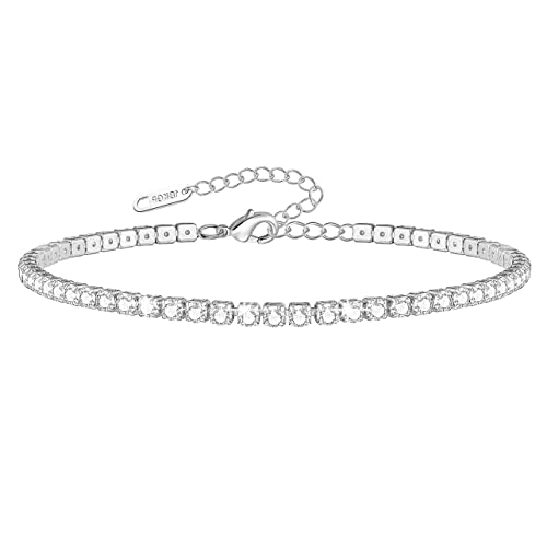 QJLE Tennis Ankle Bracelets for Women,3mm Cubic Zirconia Silver Anklet for Women Adjustable Cute Summer Beach Anklets Jewelry