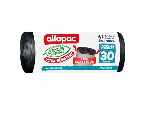 alfapac - 15 sacs-poubelle 30L à lien élastique ultra-résistant - fabriqués en France - bi-matière recyclée & végétale