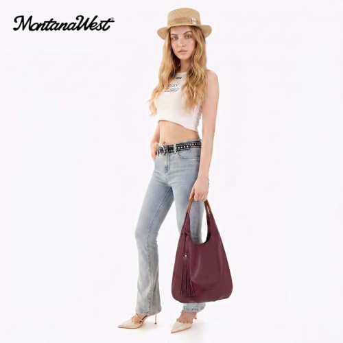Image of Montana West Hobo Bags for Women Slouchy Handbags 2PCS Tassels Shoulder Bag with Comestic Bag