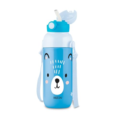 Image of Milton Steel Indus 400 Thermoware PU Insulated, 390 ml Water Bottle with Straw for Kids, Leak Proof Flip Top Sipper Lid Bottle, School, Picnic, Easy to Carry Belt, Blue