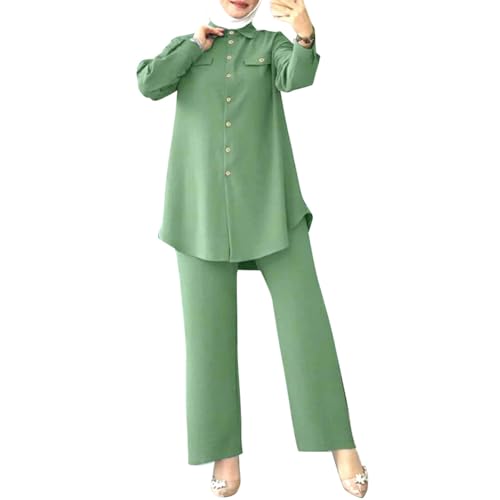 Image of ODIZLI Muslim Long Sleeve Blouse Wide Leg Pants Suits Autumn Solid Abaya Women Matching Sets 2PCS Tracksuits Turkey Kaftan