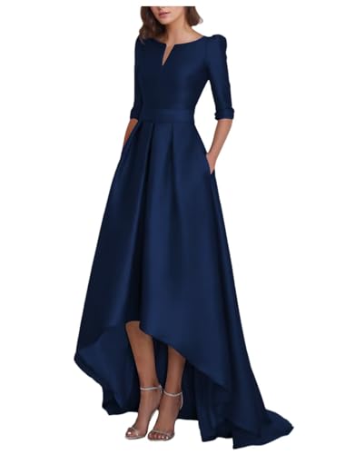 Satin High Low Prom Dresses for Women with Sleeves Formal Evening Dress Elegant A Line Wedding Guest Dress