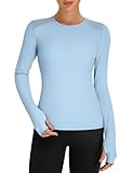 BMJL Women's Long Sleeve Crop Workout Shirts Slim Fit Breathable Mesh Gym Athletic Running Hiking Tops(Blue,M)