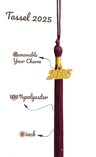 Image of Graduation Single Color Tassel with Date Drop 2025(Maroon Tassel,Gold Charm)