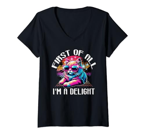 Mujer First Of All I'm A Delight Retro Funny 80s Vibes Cat Lover Camiseta Cuello V