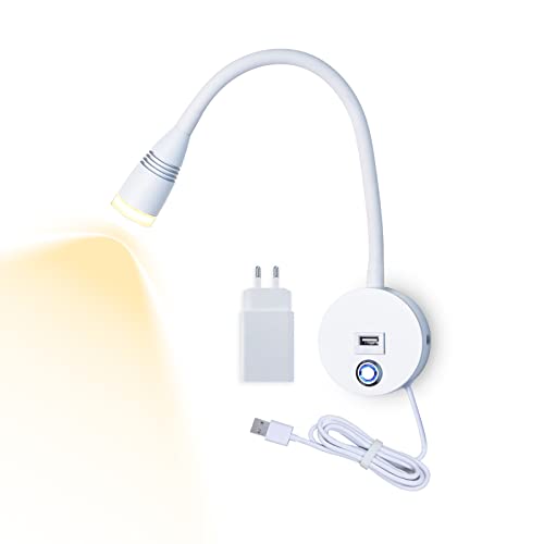 WYQSX Lampe de Lecture Murale LED Applique Liseuse Col de Cygne Flexible 3W Dimmable Interrupteur Tactile Lampe avec Port de Chargement USB et Câble Chevet Murale Lumières（Blanc）