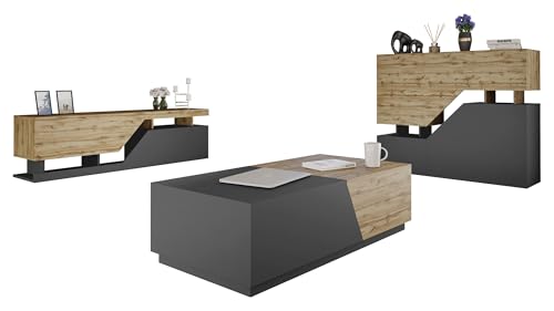 Mirjan24 Wohnzimmer-Set Nesezi I, Wohnzimmerschrank, Anbauwand, Schrankwand, im Set: TV Lowboard mit 2 Klappen, Ausziehbarer Couchtisch mit Behälter, Kommode, Griffloses Öffnen (Wotan/Anthrazit)