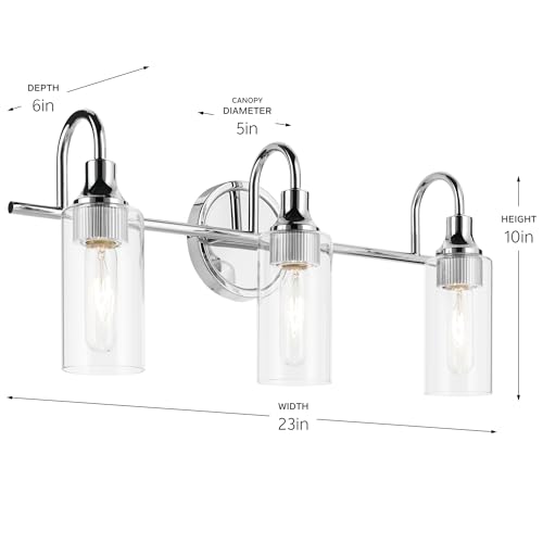 Image of Kichler Kavi 3-Light Bathroom Vanity Light, Chrome | Damp-rated vanity light with clear glass for bathroom mirrors (23 inch x 10 inch), 55211CH