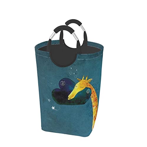 ランドリーバスケット ランドリーボックス 手描き風 癒し キリン 雲 星柄 四角 洗濯かご 洗濯ボックス 洗濯物入れ ランドリーかご 汚れた洗濯物収納バッグ 衣類収納用 雑貨収納 ランドリー収納 折りたたみ 防水 大容量 取っ手付き おしゃれ