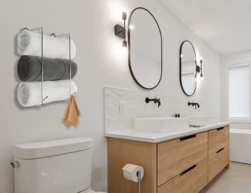 2 Set Towel Rack Holder, Wall Mounted Metal Towel Shelf with Hooks, Minimalist Design Storage Organizer for Towels, Washcloths, Hand Towels, Linens, Yoga Mat, Ideal for Bathroom, Spa, Salon Silver