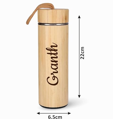 Image of Double Wall Customize Eco Friendly Bamboo Water Bottle Vacuum Insulated Personalized Your Name Logo Brand Flask Steel with Handle for Hot & Cold Drink 500ml