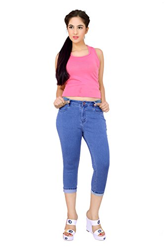 Image of FCK-3 Stretchable Denim Solid Mid Waist Knee Length Button Closure 5 Pocket Capree for Women