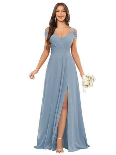 Image of petyoo Off Shoulder Chiffon Bridesmaid Dresses with Slit Long Formal Evening Dress