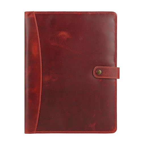 Image of KomalC Leather Portfolio Folder with Button Closure | Business Padfolio for Professionals | Vintage Organizer with Legal Pad Holder, Card Slots & Document Pockets (Red)