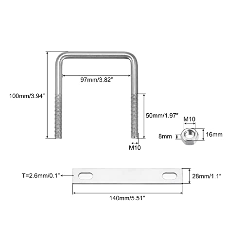 Image of uxcell Square U-Bolts, 2 Sets 97mm(3.82 inch) Inner Width 100mm Length M10 304 Stainless Steel U Clamp Bolt with Nuts and Plates, for Boat Trailer