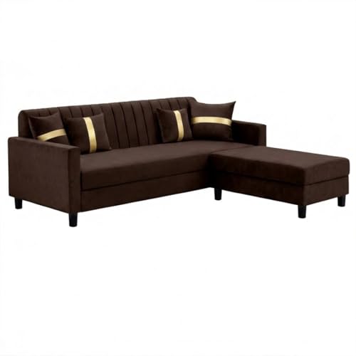 Image of CASASTYLE Korion 4 Seater L Shape Sofa Set with Movable Ottoman | Flexible Left or Right Layout | Cozy Velvet Fabric | Soft Touch Seating | Modern Designer Sofa for Living Room (Dark Brown)
