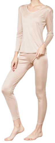ZEEREE Womens Silk Thermal Underwear Set V Neck Mulberry Silk Long Johns Base Layer Top Bottom 2 Pcs Pajama Set