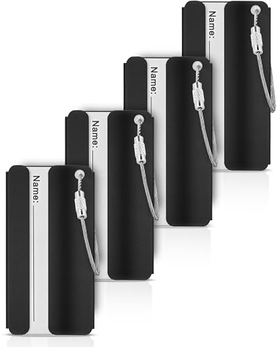 TAGGi - Kofferanhänger aus Aluminium – Gepäckanhänger mit Stahlseil & Namensschild – Sichtschutz für Privatsphäre – Robust & wetterfest – Adressanhänger für Reisen (Schwarz, 4 Anhänger)