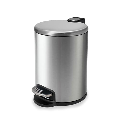 Image of ACENTO Step Bin, 1.3 Gallon / 5 Liter Round Trash Can, Soft-Close Lid with Removable Inner Bucket & Steel Pedal, Freestanding Bathroom Waste Bin, Brushed Stainless Steel
