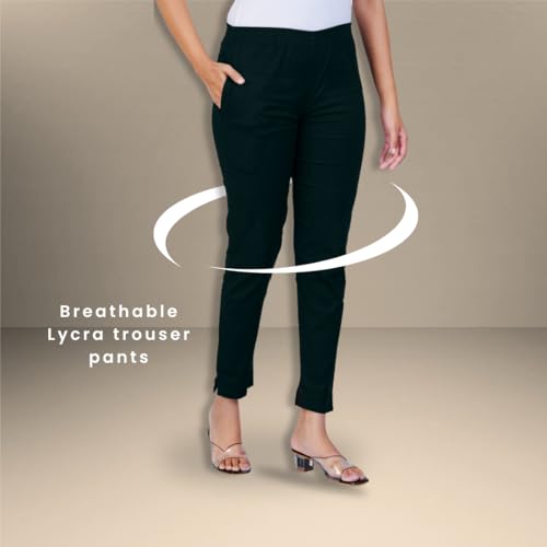 Image of Happy Bunny Cotton Blend Lycra Kurti Pants for Women, Soft 30% Stretch Full Length Trousers with Elastic Waist & Zip Pocket, Ideal for Office, Work, Casual, Home Wear Breathable Slim Fit
