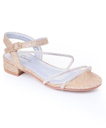 Girls Gold Low Block Heel Sandals with Crossover Straps - Elegant Shoes for Special Events