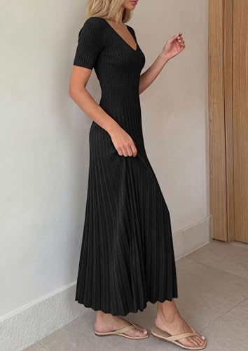Image of PRETTYGARDEN Women's 2026 Spring Midi Sweater Dresses Elegant Pleated Ribbed Knit Short Sleeve V Neck A Line Summer Outfits
