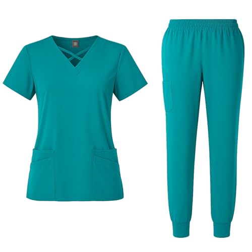 Meichoon Set de uniformes médicos para mujer con 4 bolsillos, cuello redondo, pantalón de yoga con cordón de secado rápido y absorción del sudor DK53Lake Blue S