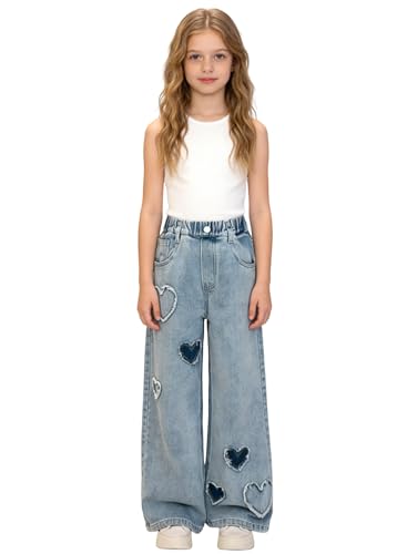 Listado de Ropa Niña al mejor precio. 48 IJHFNL Jeans de Pierna Ancha para Niñas,Pantalon Mezclilla Niña Resorte,con Parches de corazón, Talle Alto y Holgado, Ideal para reuniones Familiares (MX/US, Edad, 8 años, 9...