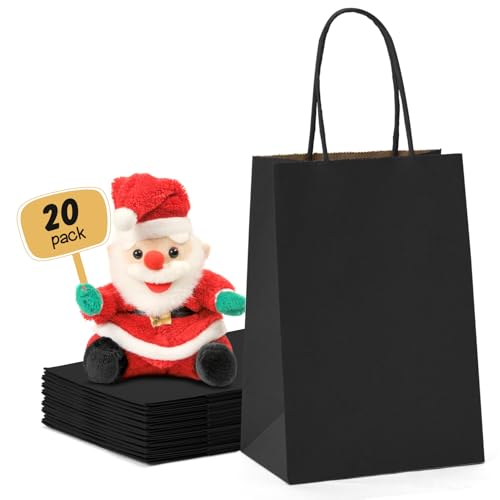 METRONIC 20 Pack 5.25x3.75x8 Small Black Gift Bags, Kraft Paper Shopping Bag with Handles for Small Business, Boutique, Gift Wrap, Bulk