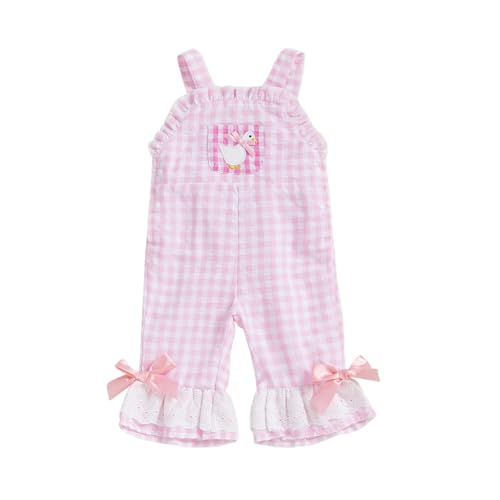 Xnqiwq Toddler Baby Girl Bell Bottoms Jumpsuit Silly Goose Romper Overalls Plaid Suspender Flare Pants Farm Goose Outfit (Pink 3-6 Months)