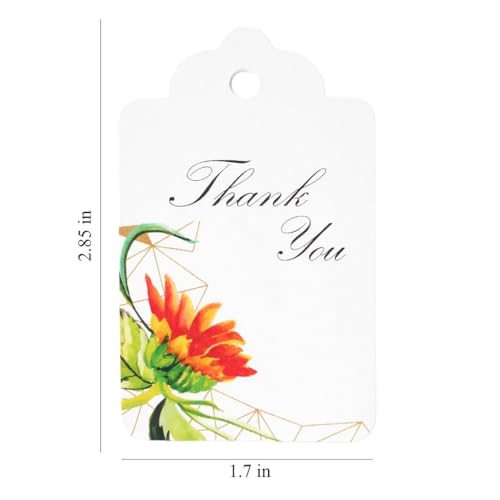 Image of CVANU Floral Thank You Gift Tags (Set of 100), Elegant Flower Design (D12) Hanging Tags with Gold String for Wedding Return Gifts & Small Business Packaging (2.85 x 1.7 Inch)