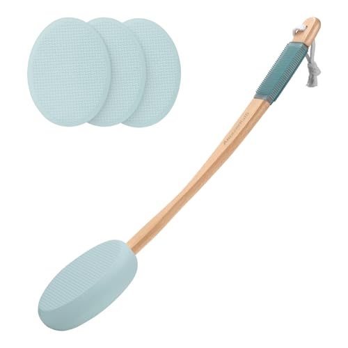 Image of AmazerBath Lotion Applicator for Back, Feet, 4 Replacement Pads with 17 inch Curved Handle, Back Sunscreen Applicator for Kids, Elderly, Women, Apply Skin Cream Medicine Moisturizer Tanner, Sky Blue