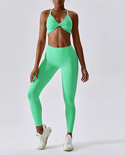 Image of ABOCIW Workout Sets for Women Twist Front Halter Sports Bras High Waist Legging 2 Piece Exercise Gym Yoga Outfit
