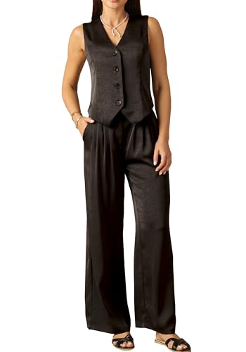 Women's 2 Piece Sets Textured Silky Outfits Vest Waistcoat Dress Casual Wide Leg Pant Suits