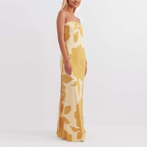 Image of Women Y2k Strapless Maxi Dress Summer Backless Floral Long Tube Dress Off Shoulder Cocktail Party Dress