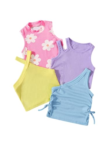 Image of OYOANGLE Toddler Girl's 4 Pack Ribbed Knit Crop Tank Tops Set One Shoulder Summer Camisole