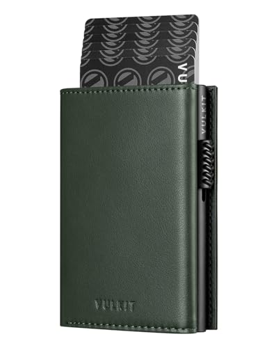 Image of VULKIT Card Holder Wallet with Coin Pocket Magnetic Closure Pop Up Cards With ID Window Leather Wallet for Cash & Credit Cards, Nappa Olive, 4 x 1 x 2.7 inches, Minimalist | with Coin Pocket