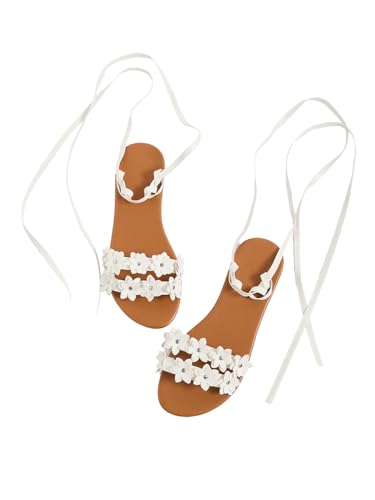 GORGLITTER Women's Flower Lace Up Sandals Floral Open Toe Strappy Tie Up Flat Sandals2