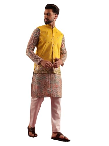 Image of SOJANYA Men's Cotton Silk Multi color Kurta & White Pyjama With Daman Embroidered Jacket