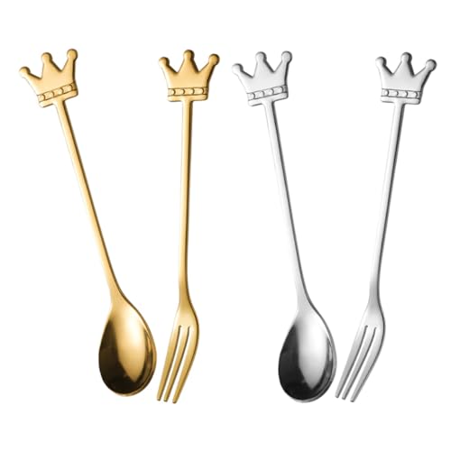 DECHOUS 4Pcs Crown Spoons Stainless Steel Sugar Stirring Spoon Cocktail Forks for Dessert Appetizers and Coffee Elegant Kitchen Utensils for Parties and Hotels Assorted