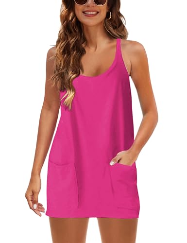 Image of Lentta Womens Athletic Sleeveless Mini Dress with Built-in Shorts V Neck Spaghetti Strap Sundress