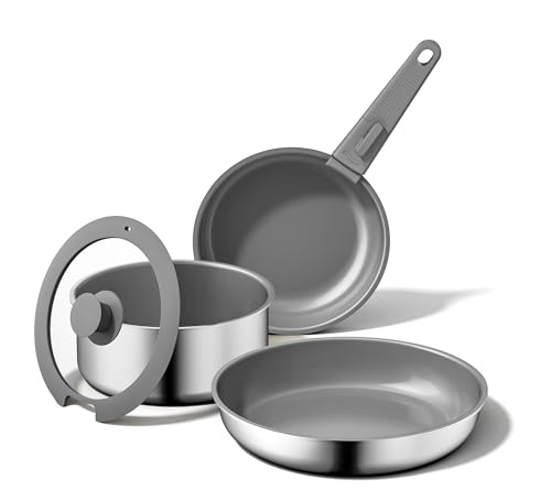 Image of 5PCS Pots and Pans Set Non Stick, Diamond-Titanium Ceramic Cookware Set & 3 Layer Stainless Steel with Detachable Handle, Induction Cookware, Non Toxic Oven /Dishwasher Safe, Gray