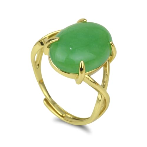 Green Jade Ring, Dainty Natural Gemstone Jade Rings for Women, Adjustable Gold-Plated Oval Green Stone Ring Jade Jewelry (Green Jade)